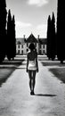 Black and white photo of amazing architectural building view with beautiful back view of model lady. generative ai