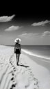 Black and white photo of amazing beach landscape view with beautiful back view of model lady. generative ai