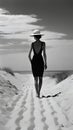 Black and white photo of amazing beach landscape view with beautiful back view of model lady. generative ai