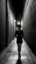 Black and white photo of amazing dark alley way view with beautiful back view of model lady. generative ai
