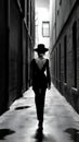 Black and white photo of amazing dark alley way view with beautiful back view of model lady. generative ai