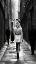 Black and white photo of amazing dark alley way view with beautiful back view of model lady. generative ai