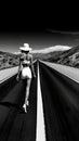 Black and white photo of amazing winding long road desert landscape view with beautiful view of model lady. generative ai