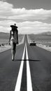 Black and white photo of amazing winding long road desert landscape view with beautiful view of model lady. generative ai