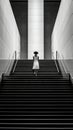 Black and white photo of amazing winding long stairway stairs wide view with beautiful back view of model lady. generative ai