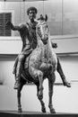 Black and white photo of ancient bronze statue representing a roman general on a horse Royalty Free Stock Photo