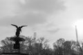 Black and White Photo of the Angel on the Bethesda Fountain during a Winter Snowstorm at Central Park in New York City Royalty Free Stock Photo