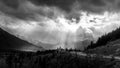 Black and White Photo of Bad Weather over Highway 1 near the town of Banff in Banff National Park