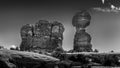 Black and White Photo of Balanced Rock and other Sandstone Formations along the Arches Scenic Drive in Arches National Park Royalty Free Stock Photo