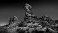 Black and White Photo of Balanced Rock and other Sandstone Formations along the Arches Scenic Drive in Arches National Park Royalty Free Stock Photo