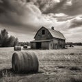 a black and white photo of a barn and hay bales Royalty Free Stock Photo