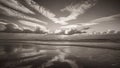 A black and white photo of a beach with clouds in the sky, AI Royalty Free Stock Photo