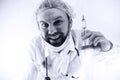 Black and white photo of bearded doctor in white coat and an ol Royalty Free Stock Photo