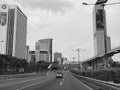 Black and white photo of a beautiful highway city view