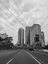 Black and white photo of a beautiful highway city view