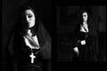 Black and white photo of beautiful, sexy, pretty nun in church. Portrait of very beautiful nun with dangerous, mystical eyesight. Royalty Free Stock Photo