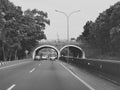 Black and white photo of a beautiful tunnel bridge view at the highway Royalty Free Stock Photo