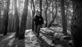 Black and white photo of beautiful young woman with backpack hiking in the old forest Royalty Free Stock Photo