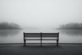 a black and white photo of a bench by a lake Royalty Free Stock Photo