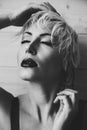 Black and white photo blonde with short hair fashion Royalty Free Stock Photo