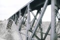 Black and white photo bridge aerial view crooked river Oregon