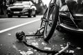 black and white photo of a broken bike on the road next to a dented car on the highway after a collision generative ai