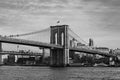 Black and White Photo of the Brooklyn Bridge over the East River between Brooklyn and Manhattan Royalty Free Stock Photo