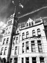 Black and white photo building police station sky