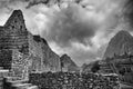 Black & White photo of buildings in Machu Picchu