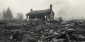 A black and white photo of a burned house showing the ruins and devastation caused by a fire Royalty Free Stock Photo