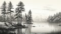 Black And White Winter Lake Sketch With Pine Trees Royalty Free Stock Photo