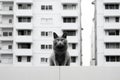 a black and white photo of a cat sitting on a ledge in front of a building Royalty Free Stock Photo