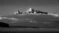 Black and White Photo of Clouds hanging over Jackson Lake in Grand Teton National Park Royalty Free Stock Photo