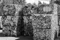 black and white photo, compressed metal cans at a waste collection point, recycling