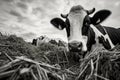 Black and white photo of a cow eating hay on a farm, Black and white cow eating hay, Feeding cows, AI Generated