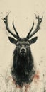 A black and white photo of a deer with horns, animalistic wallpaper background