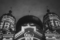 Black and white photo of the domes of the Orthodox Church with crosses against the sky in Ukraine Royalty Free Stock Photo