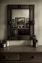 A Black And White Photo Of A Dresser And A Mirror. Generative AI