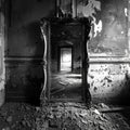 A black and white photo of a dusty ornately framed mirror reflecting a desolate room in an ancient house