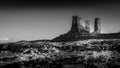 Black and White Photo of Eagle Mesa, a Sandstone Butte  in the desert landscape of Monument Valley Royalty Free Stock Photo