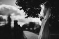 Black and white photo. elegant bride in white dress posing. Bride portrait and hairstyle, fashion bride. wedding day Royalty Free Stock Photo