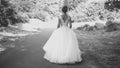 Black and white photo of elegant young bride in long dress walking at park Royalty Free Stock Photo