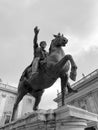 Black and white photo of The Equestrian Statue of Marcus Aurelius at Piazza del Campidoglio - The Capitoline Hill, Rome, Italy