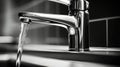 A black and white photo of a faucet running water, AI