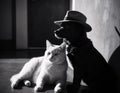 Blackandwhite photo of a cat and dog in hats, showcasing their stylish gesture Royalty Free Stock Photo