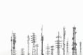 A black and white photo featuring a cluster of numerous cell towers against a clear sky, Antenna towers drawn in minimalistic, Royalty Free Stock Photo