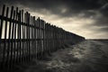 Black and white photo of fence and grass on beach. Generative AI Royalty Free Stock Photo