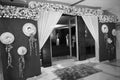 Black and White Photo of Floral Wedding decoration element. Lights, entrance gate, Shower, Flowers, Couple Stage. Chandigarh India