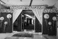 Black and White Photo of Floral Wedding decoration element. Lights, entrance gate, Shower, Flowers, Couple Stage. Chandigarh India