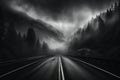 A black and white photo of a foggy road. Generative AI image.